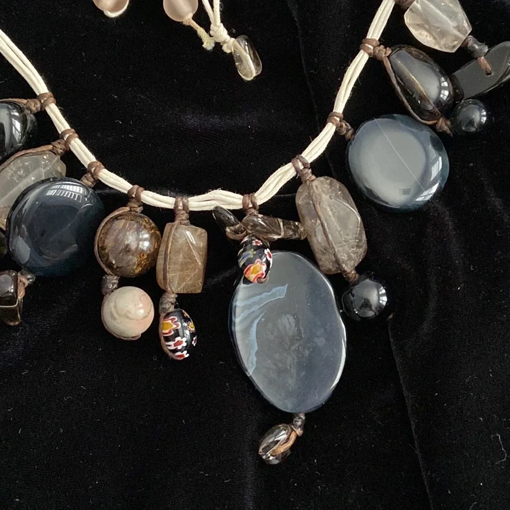 Polished Stone and Millefiori Flower Glass bead necklace rustic